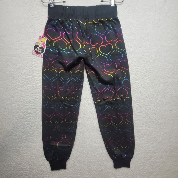 Justice Girls Care Bears Rainbow Foil Heart Black Sweatpants Sweats - Picture 2 of 7